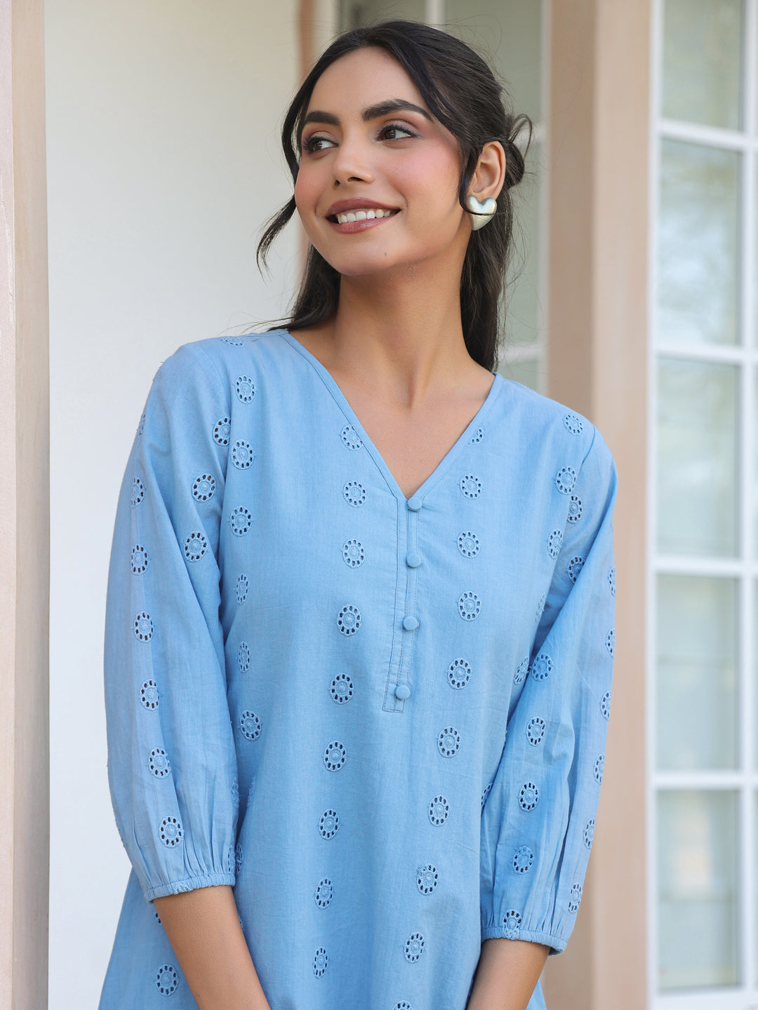 Women's Light Blue Pure Cotton Schiffli Embroidered A-line Tunic