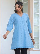 Women's Light Blue Pure Cotton Schiffli Embroidered A-line Tunic