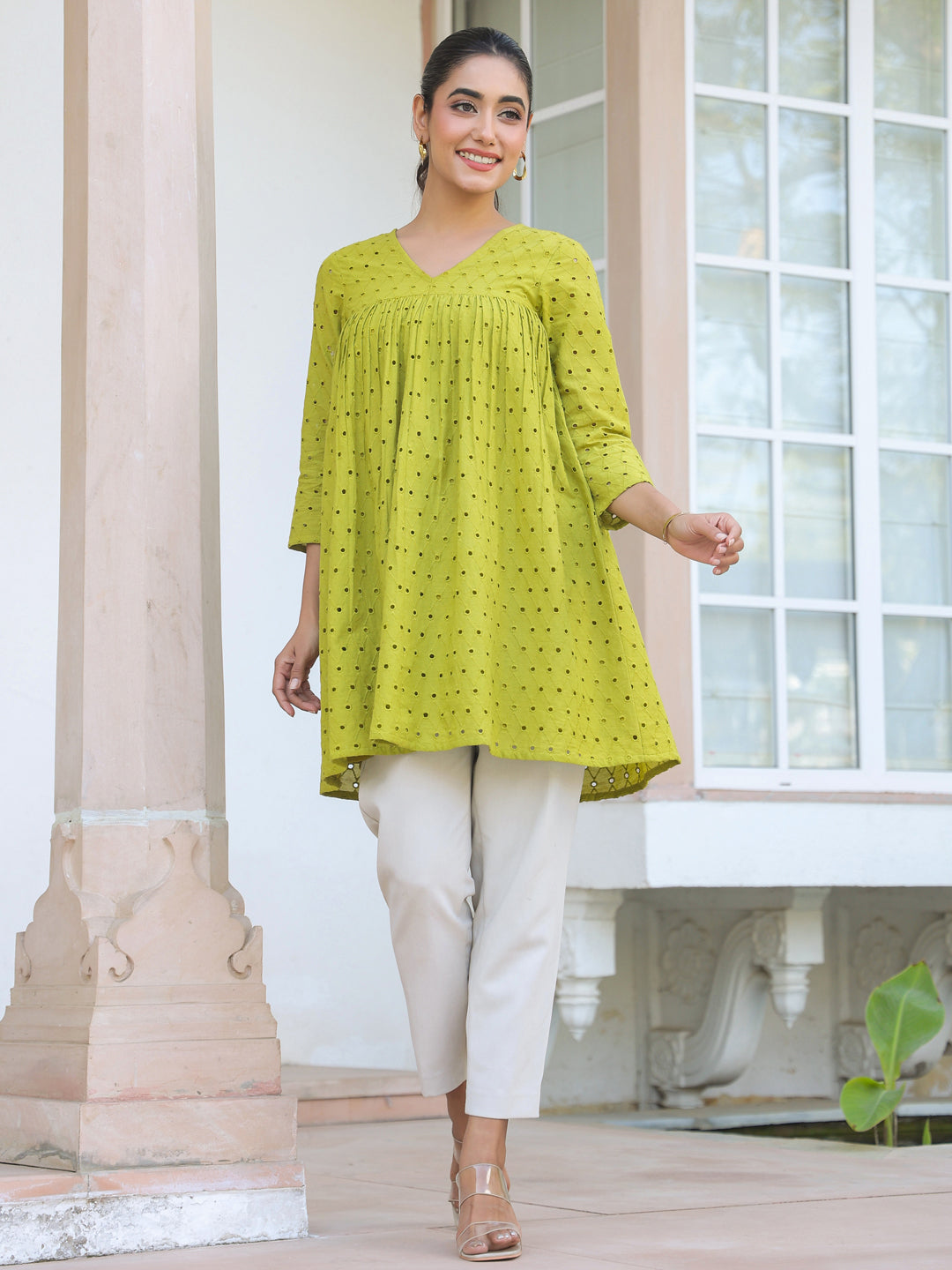 Women's Lime Green Pure Cotton Schiffli A-line Tunic