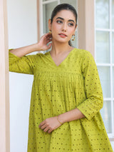 Women's Lime Green Pure Cotton Schiffli A-line Tunic