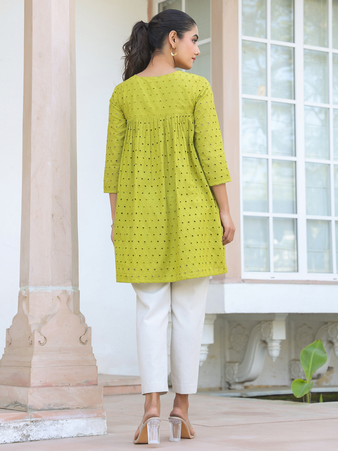 Women's Lime Green Pure Cotton Schiffli A-line Tunic