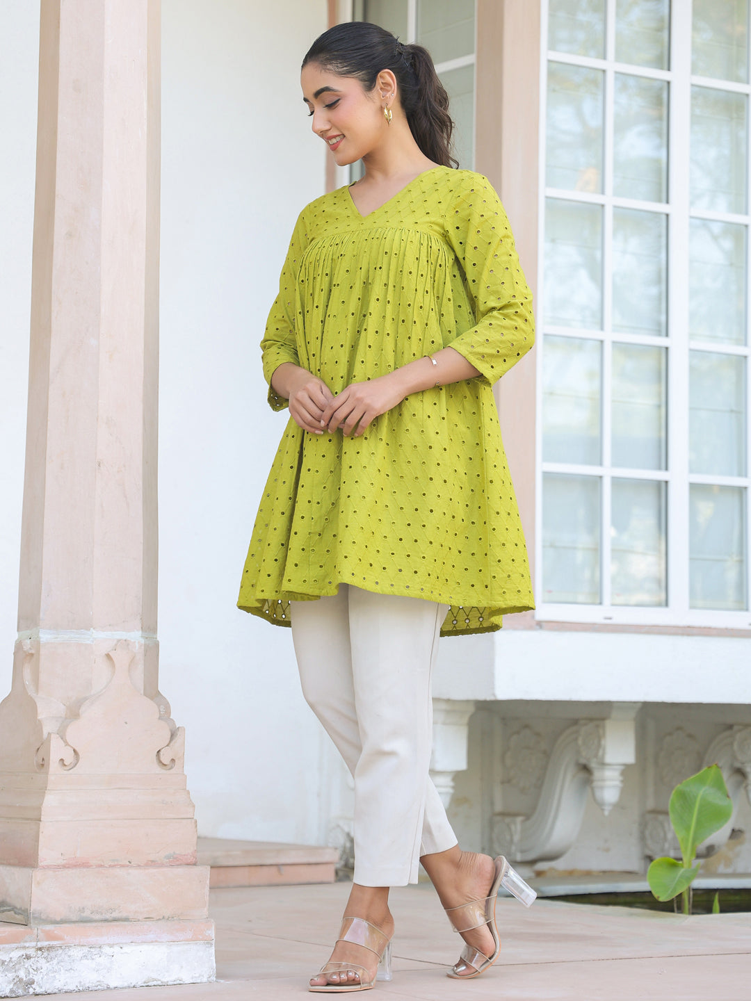 Women's Lime Green Pure Cotton Schiffli A-line Tunic