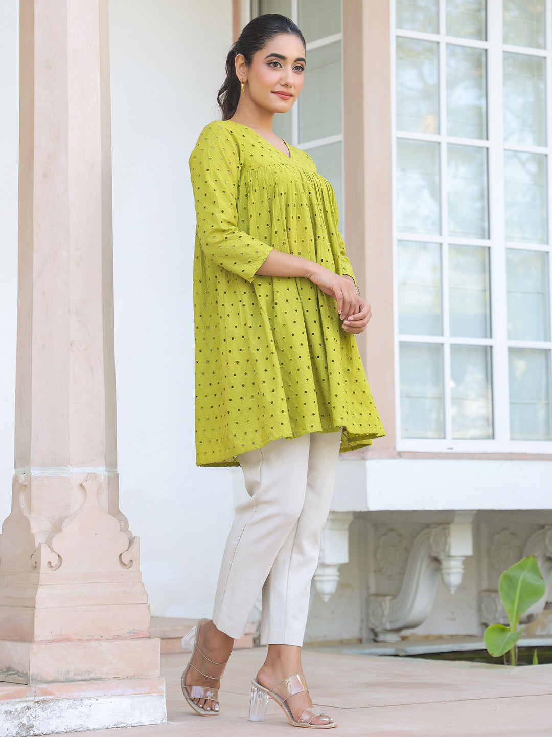 Women's Lime Green Pure Cotton Schiffli A-line Tunic