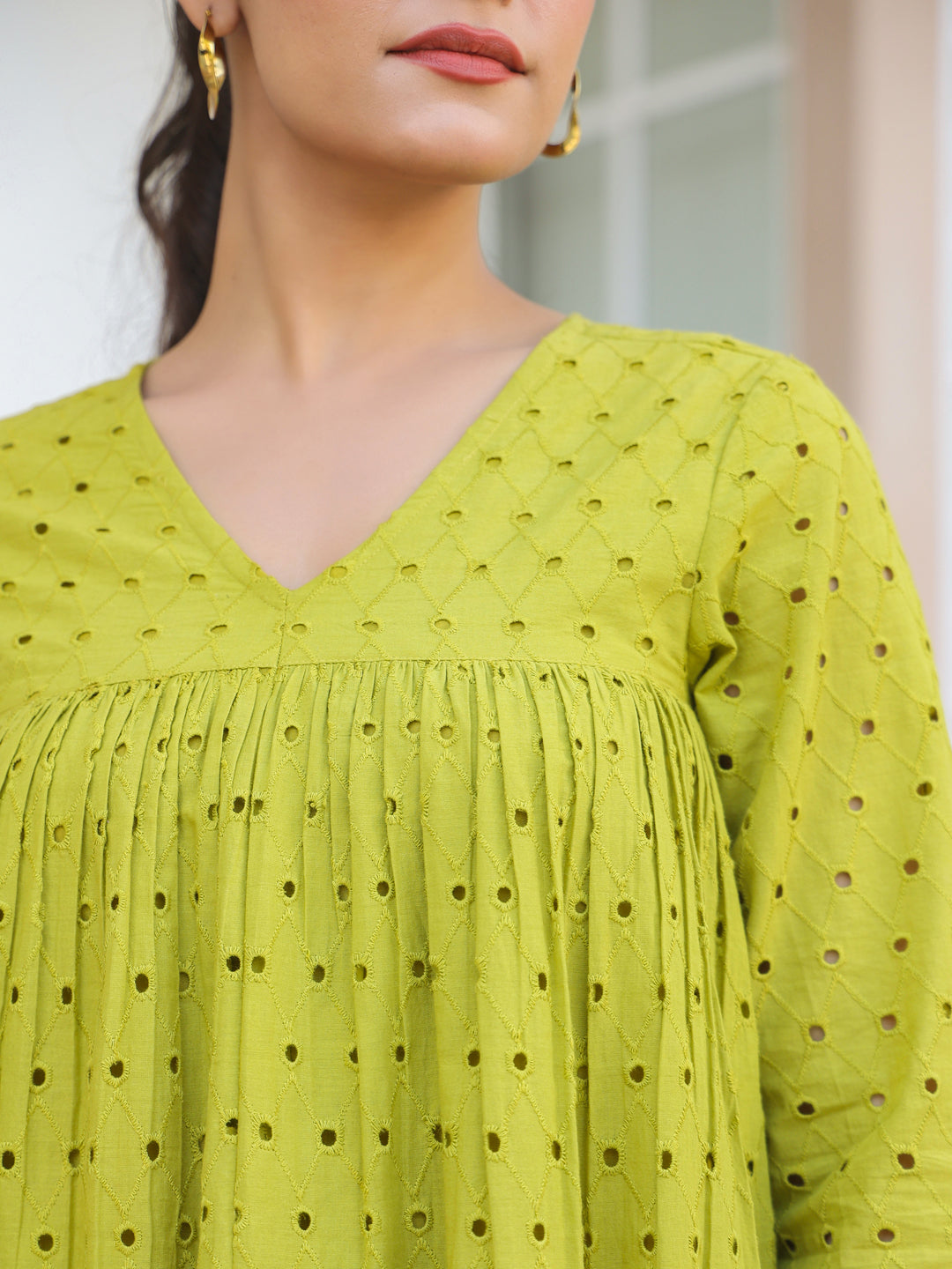 Women's Lime Green Pure Cotton Schiffli A-line Tunic