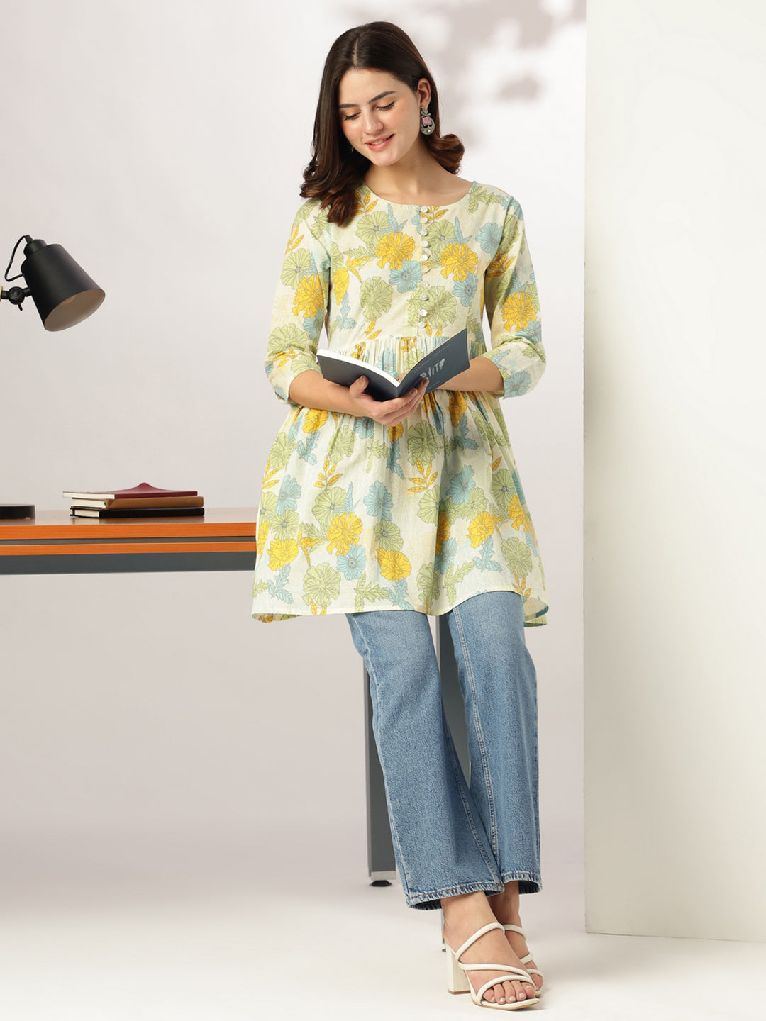 Off White Pure Cotton Floral Printed A-line Tunic For Women