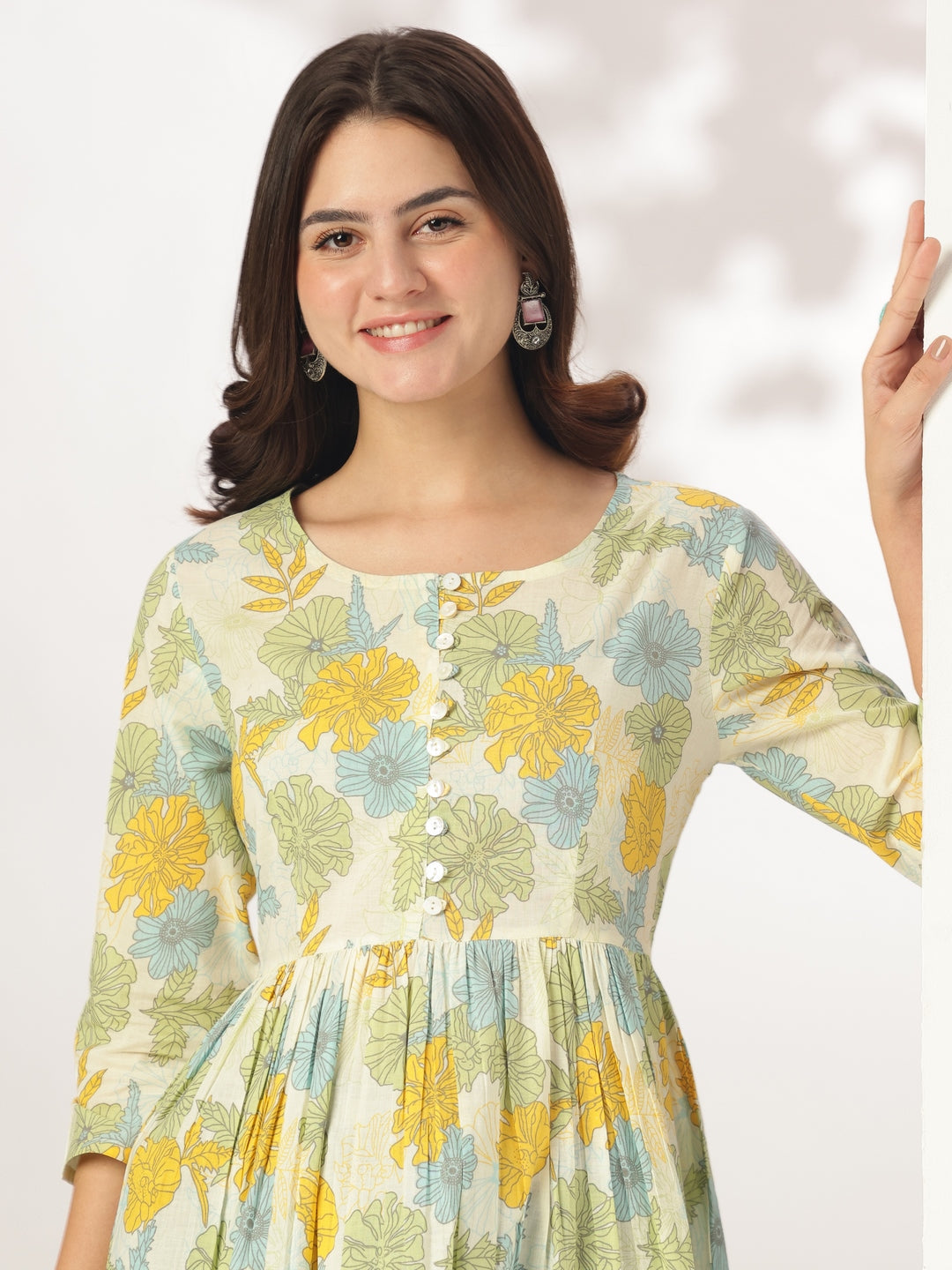 Off White Pure Cotton Floral Printed A-line Tunic For Women