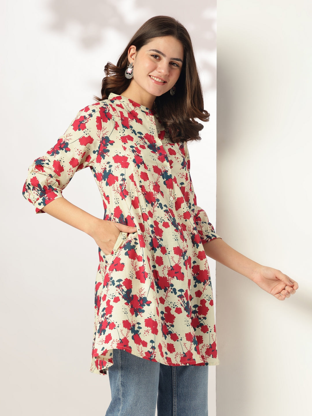Cream Pure Cotton Floral Printed A-line Tunic