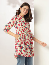 Cream Pure Cotton Floral Printed A-line Tunic