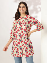 Cream Pure Cotton Floral Printed A-line Tunic