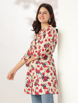 Cream Pure Cotton Floral Printed A-line Tunic