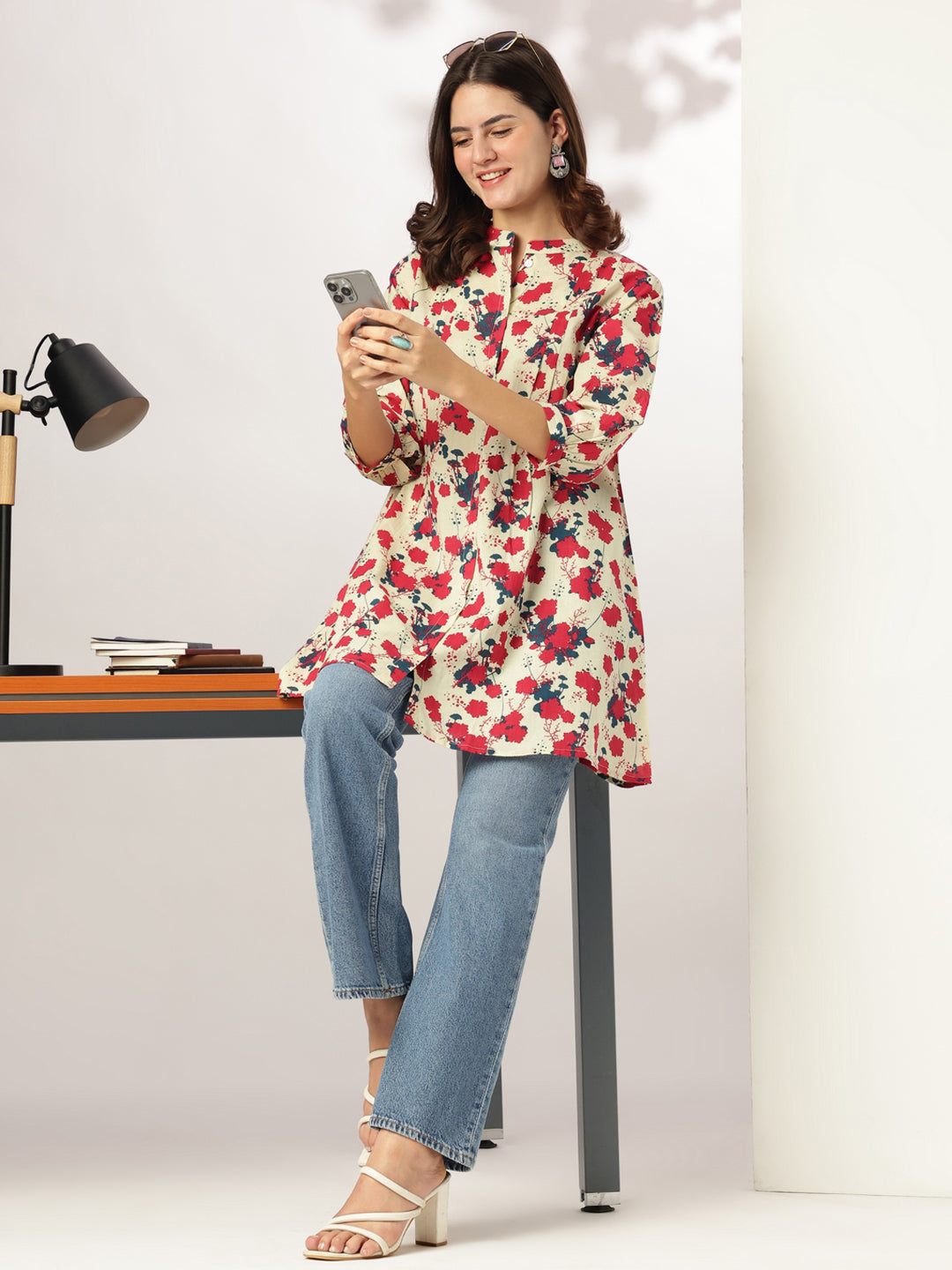 Cream Pure Cotton Floral Printed A-line Tunic