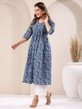 Blue Pure Cotton Floral Printed A-Line Kurta