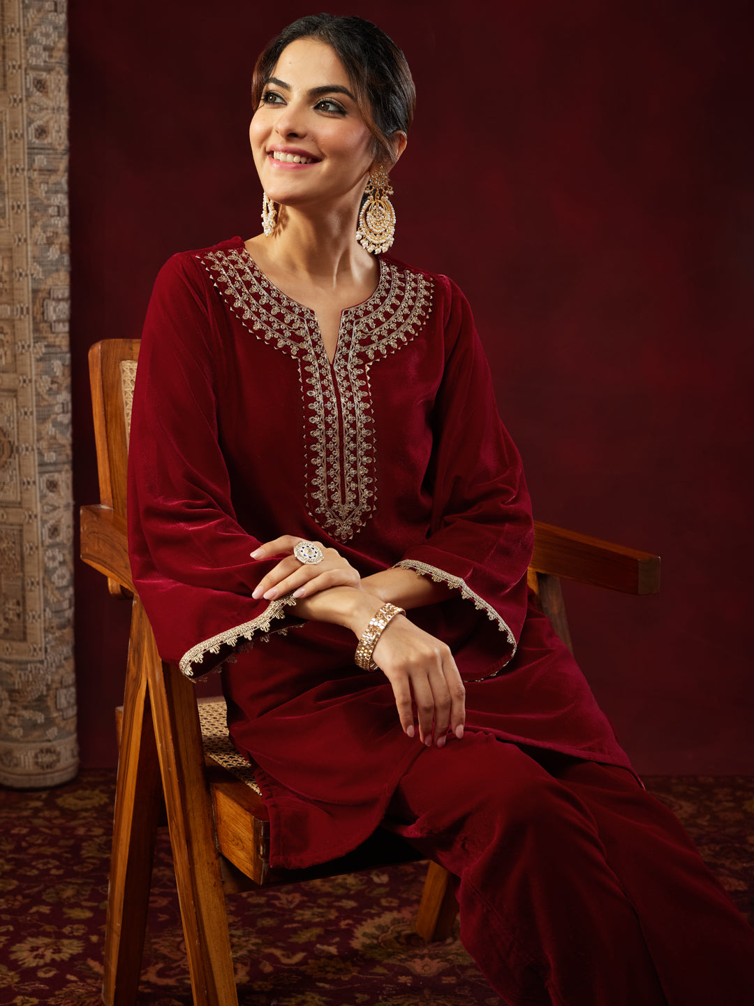 Women's Maroon Velvet Zari Yoke Embroidered Straight Co-ord Set