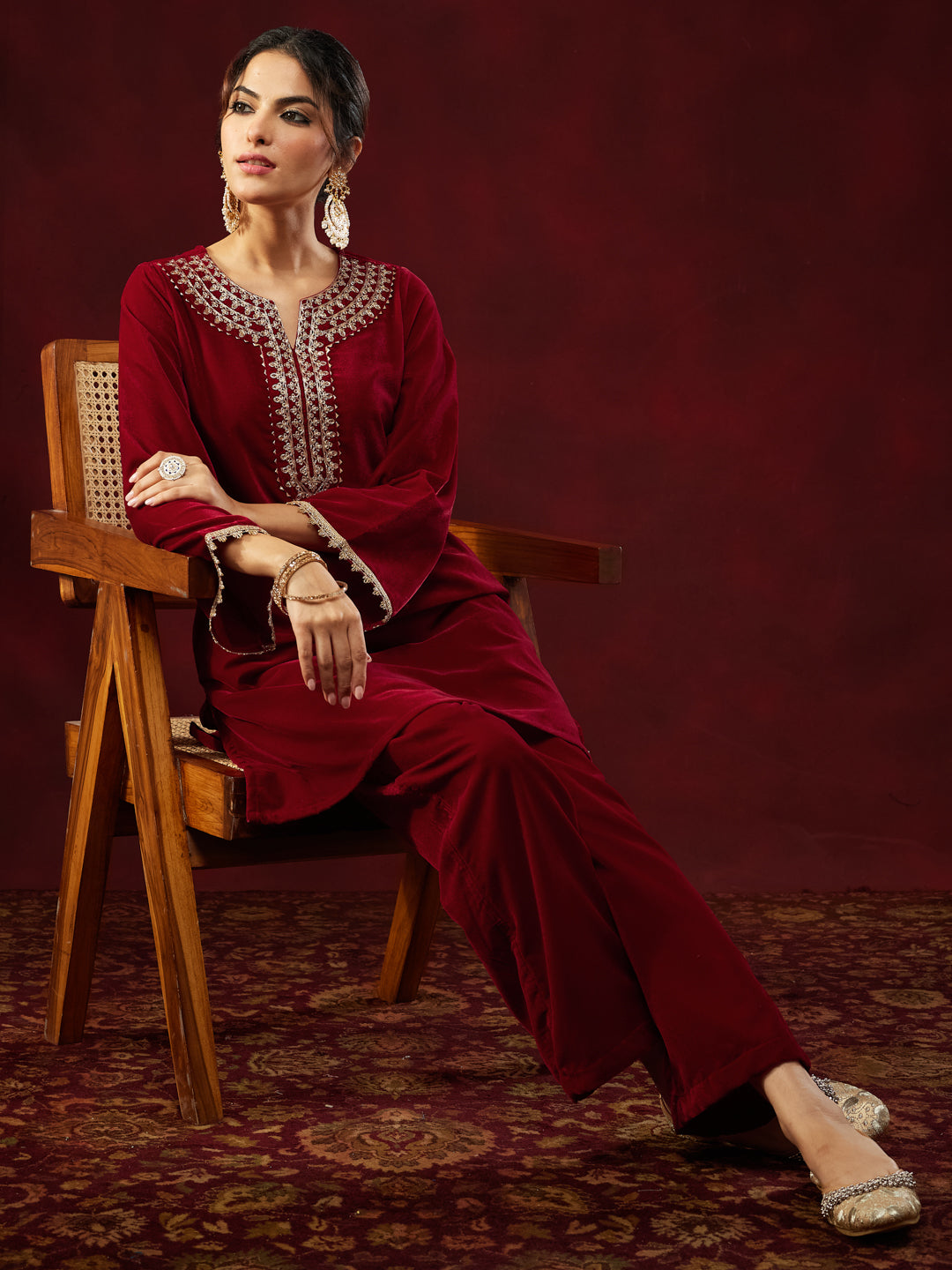 Women's Maroon Velvet Zari Yoke Embroidered Straight Co-ord Set