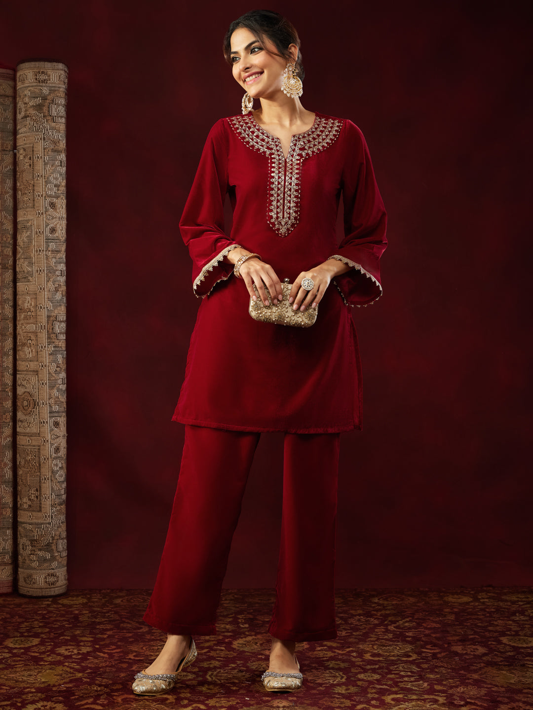Women's Maroon Velvet Zari Yoke Embroidered Straight Co-ord Set