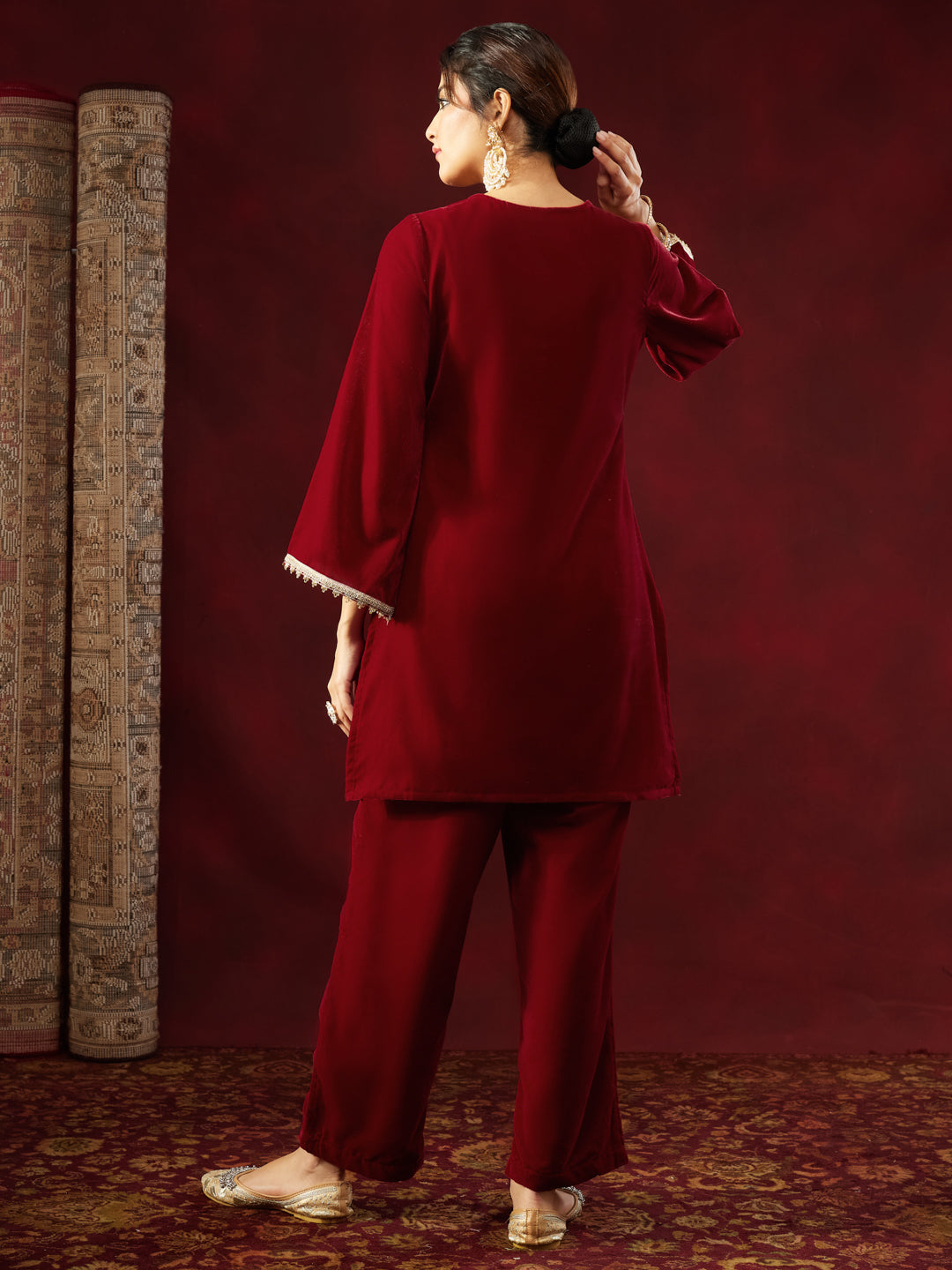 Women's Maroon Velvet Zari Yoke Embroidered Straight Co-ord Set