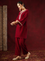 Women's Maroon Velvet Zari Yoke Embroidered Straight Co-ord Set