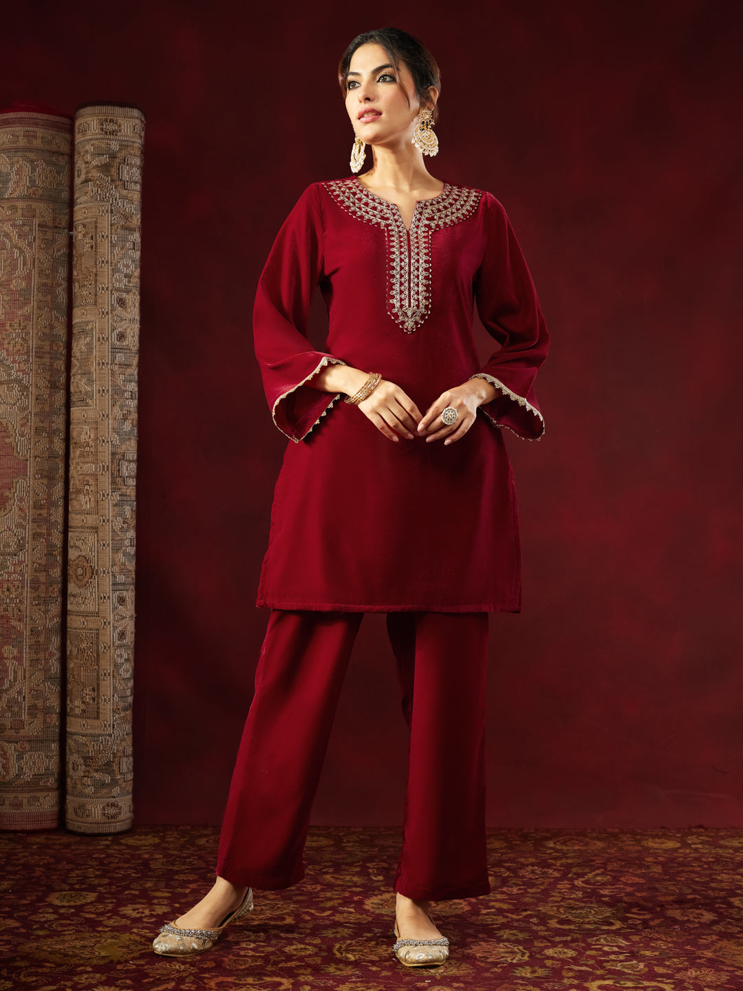 Women's Maroon Velvet Zari Yoke Embroidered Straight Co-ord Set