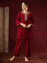 Women's Maroon Velvet Zari Yoke Embroidered Straight Co-ord Set