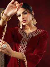 Women's Maroon Velvet Zari Yoke Embroidered Straight Co-ord Set
