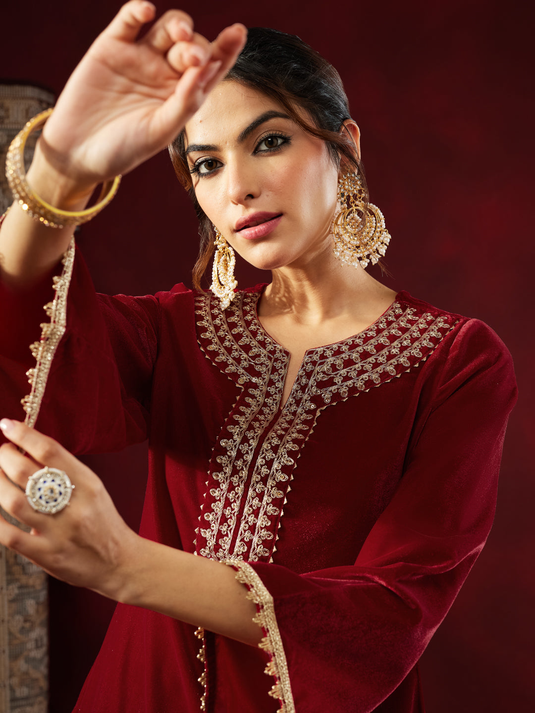 Women's Maroon Velvet Zari Yoke Embroidered Straight Co-ord Set