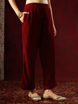 Women's Maroon Velvet Zari Yoke Embroidered Straight Co-ord Set