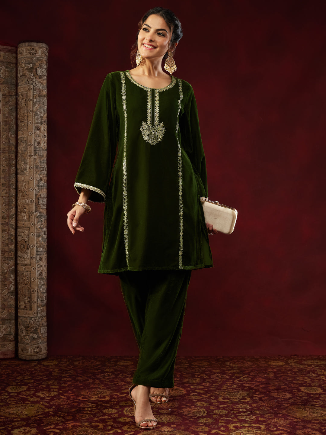 Women's Olive Green Velvet Zari Embroidered Straight Co-ord Set