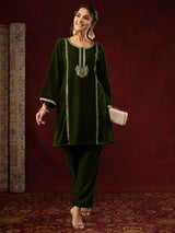 Women's Olive Green Velvet Zari Embroidered Straight Co-ord Set