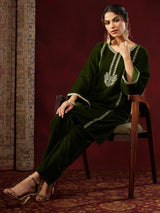 Women's Olive Green Velvet Zari Embroidered Straight Co-ord Set