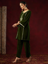 Women's Olive Green Velvet Zari Embroidered Straight Co-ord Set