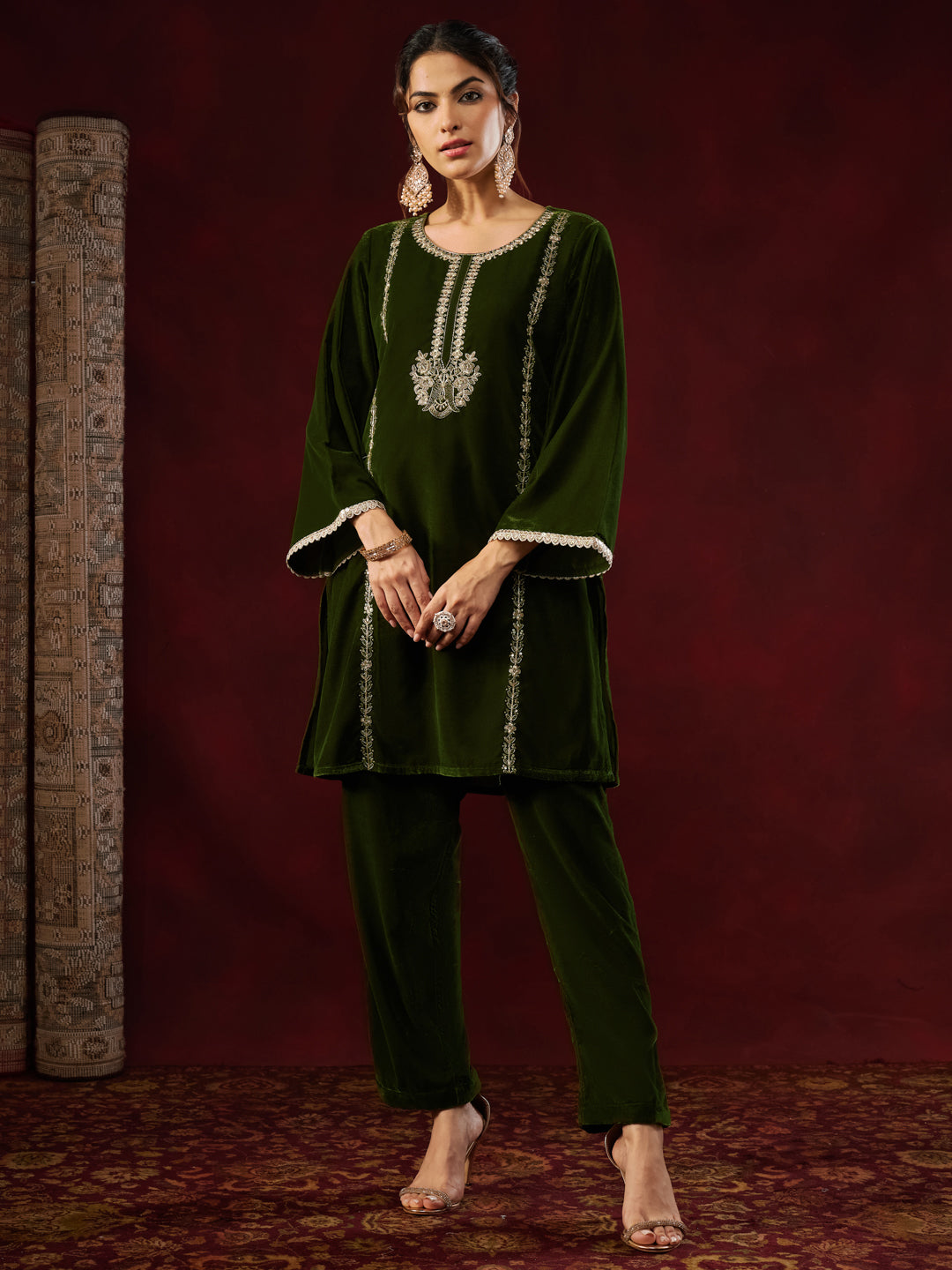 Women's Olive Green Velvet Zari Embroidered Straight Co-ord Set