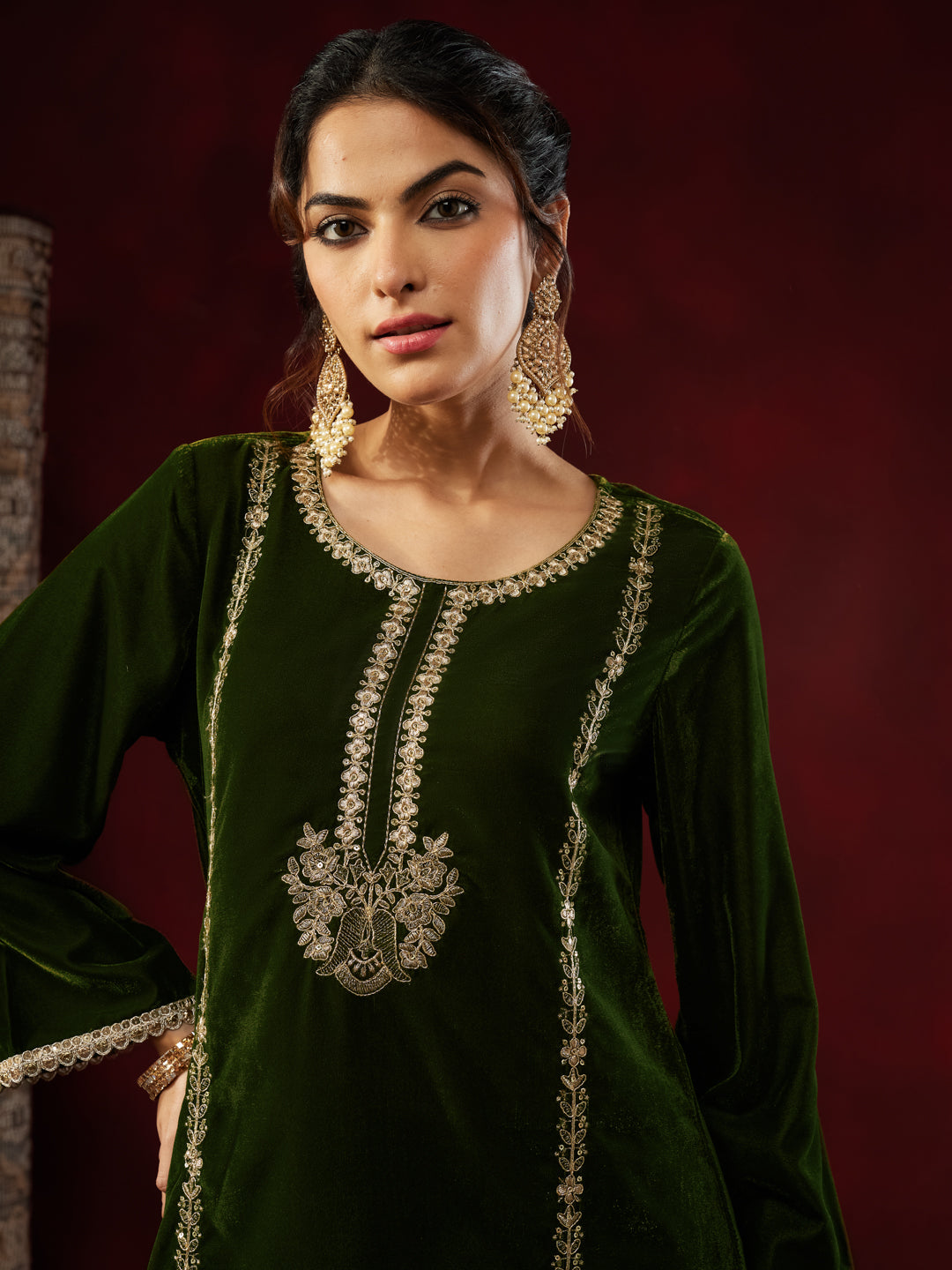 Women's Olive Green Velvet Zari Embroidered Straight Co-ord Set