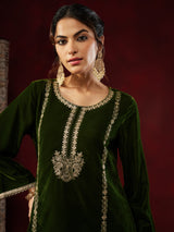 Women's Olive Green Velvet Zari Embroidered Straight Co-ord Set