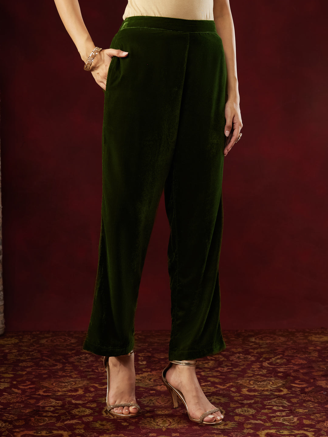 Women's Olive Green Velvet Zari Embroidered Straight Co-ord Set