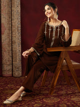 Women's Brown Velvet Zari Embroidered Straight Co-ord Set