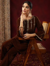 Women's Brown Velvet Zari Embroidered Straight Co-ord Set