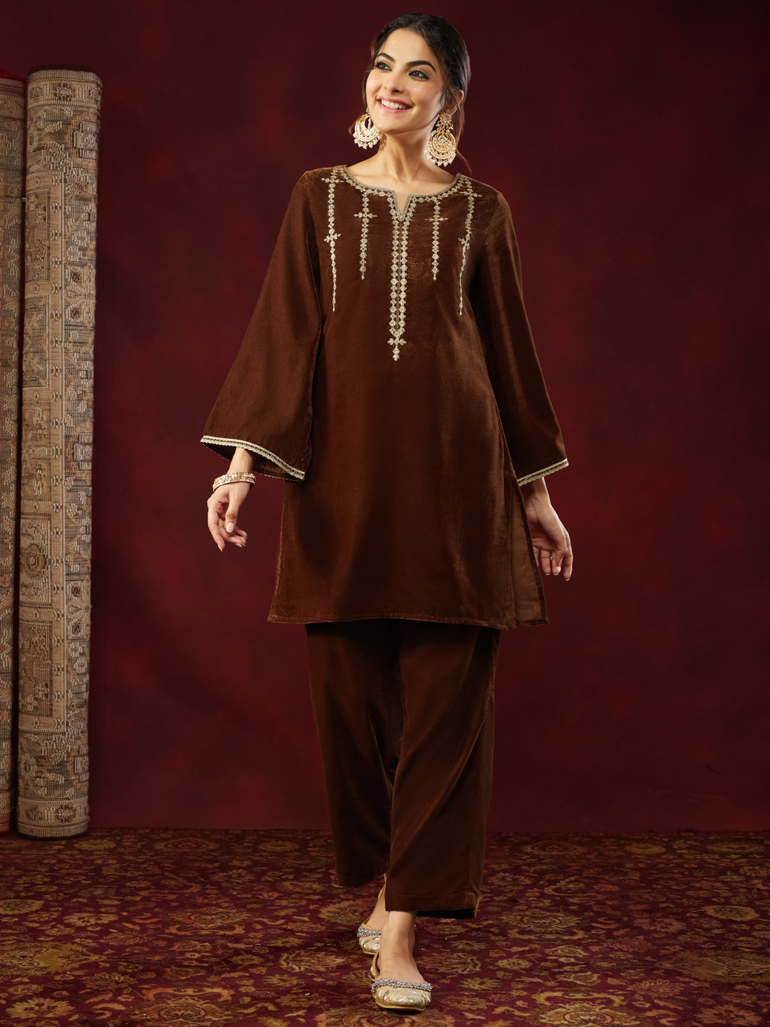 Women's Brown Velvet Zari Embroidered Straight Co-ord Set