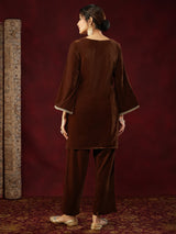 Women's Brown Velvet Zari Embroidered Straight Co-ord Set