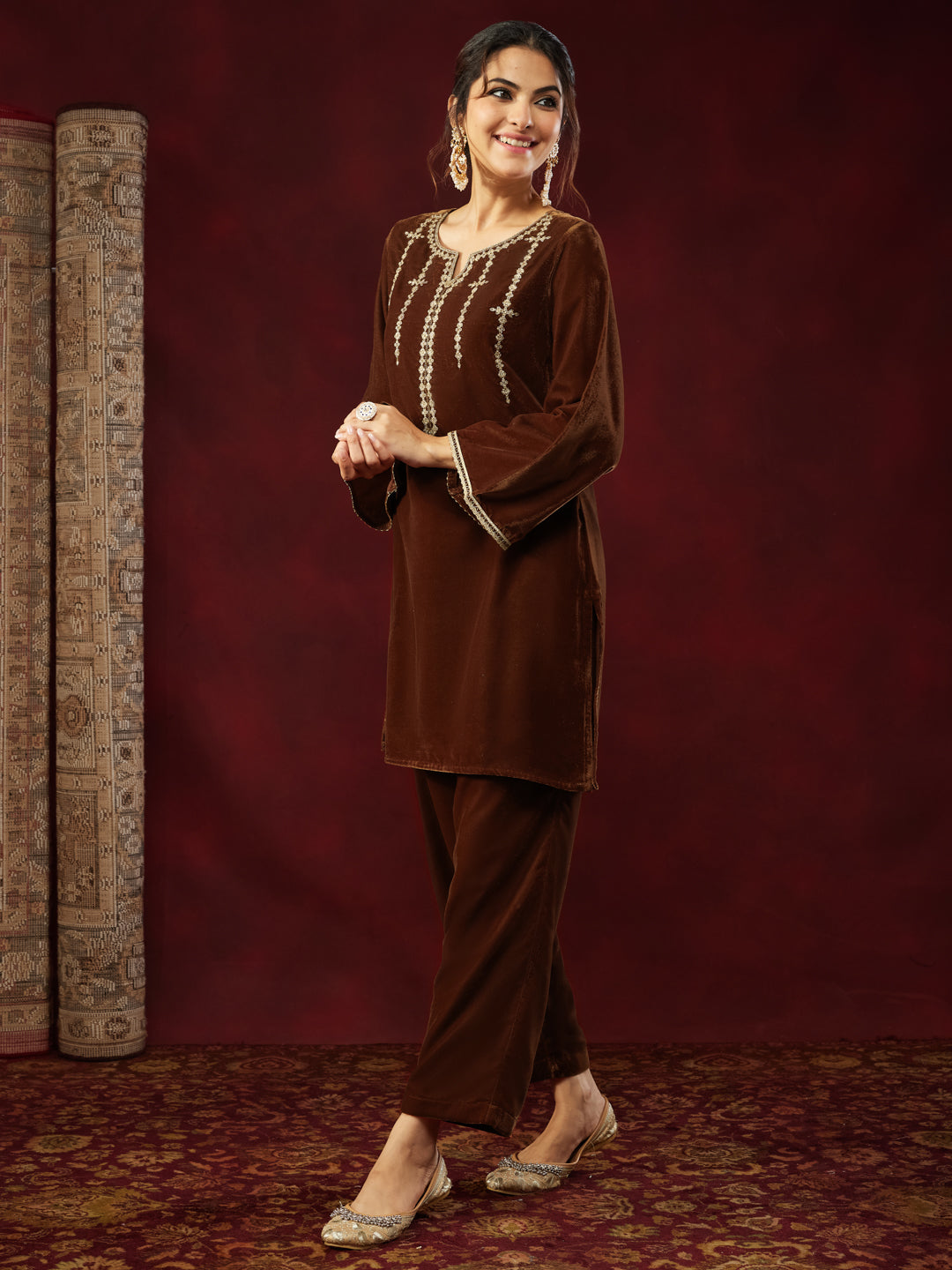 Women's Brown Velvet Zari Embroidered Straight Co-ord Set