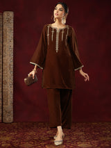 Women's Brown Velvet Zari Embroidered Straight Co-ord Set