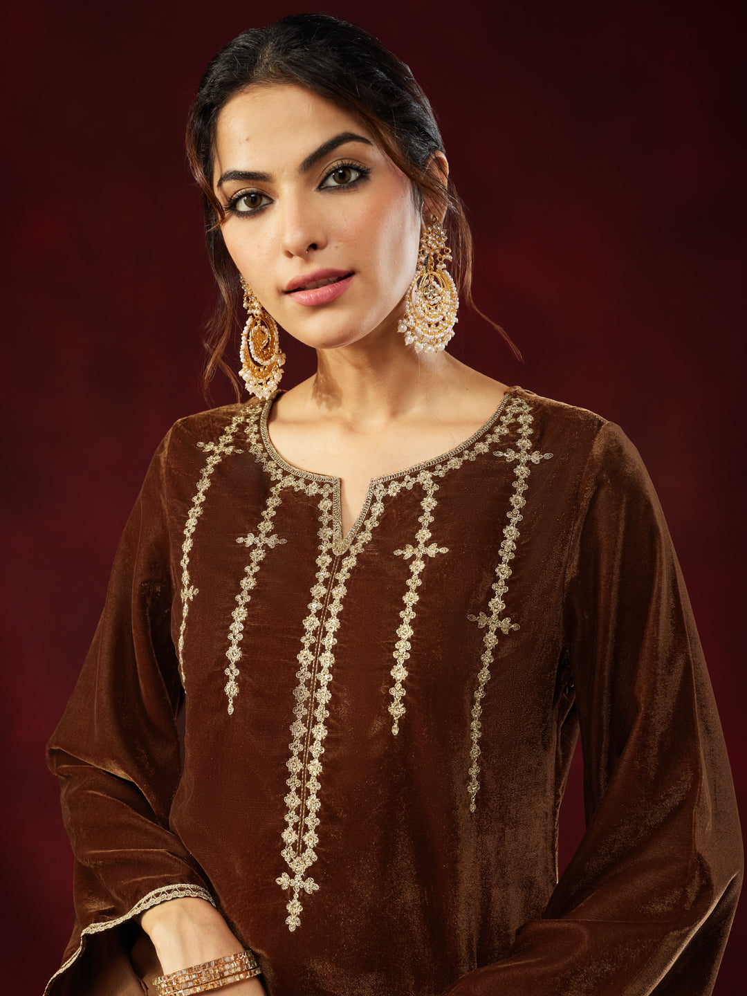 Women's Brown Velvet Zari Embroidered Straight Co-ord Set
