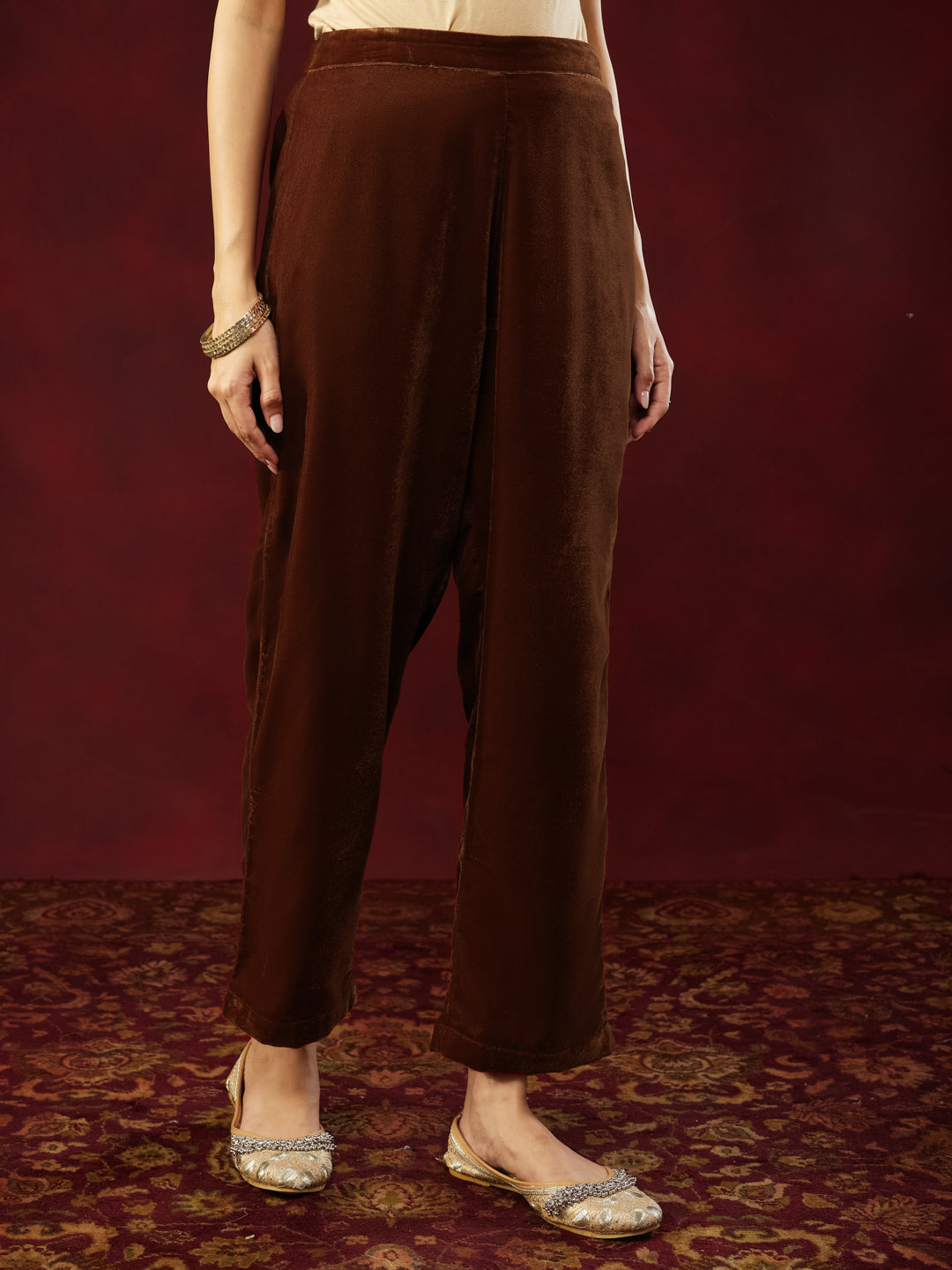 Women's Brown Velvet Zari Embroidered Straight Co-ord Set