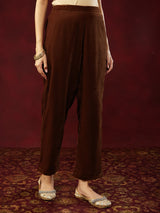 Women's Brown Velvet Zari Embroidered Straight Co-ord Set