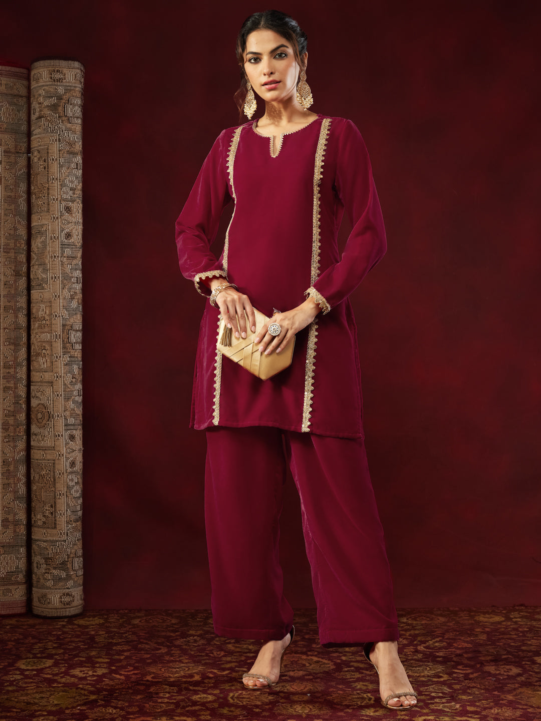 Women's Pink Velvet Embellished Straight Co-ord Set