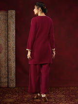 Women's Pink Velvet Embellished Straight Co-ord Set