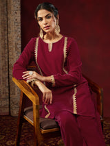 Women's Pink Velvet Embellished Straight Co-ord Set