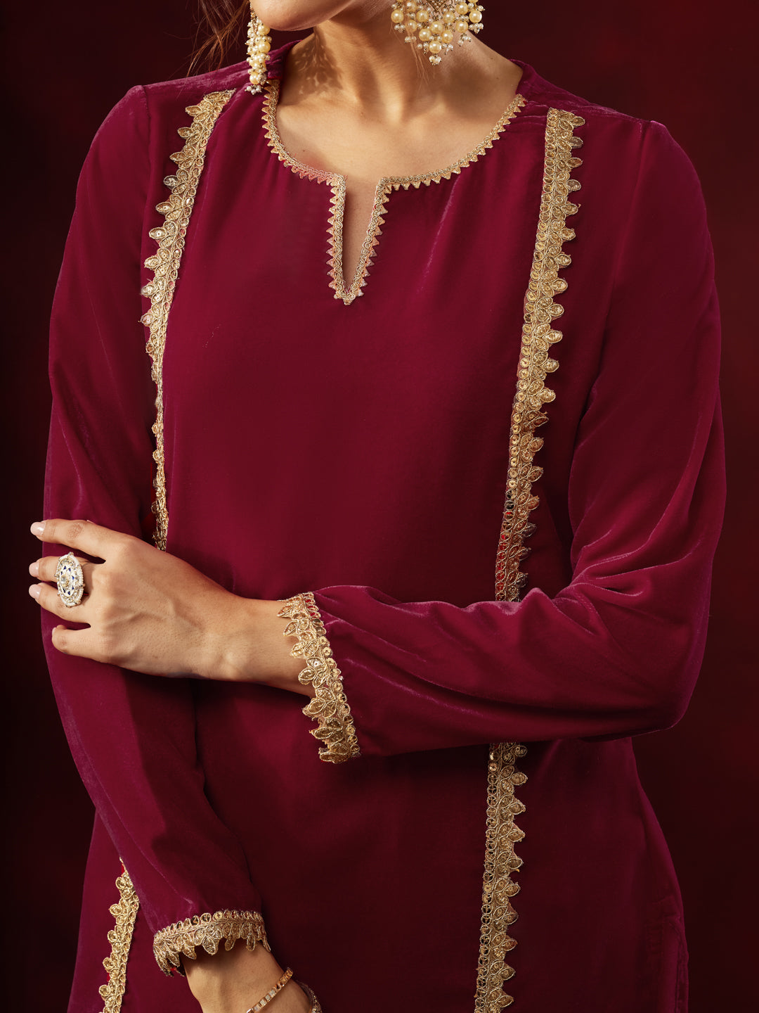 Women's Pink Velvet Embellished Straight Co-ord Set