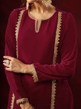 Women's Pink Velvet Embellished Straight Co-ord Set