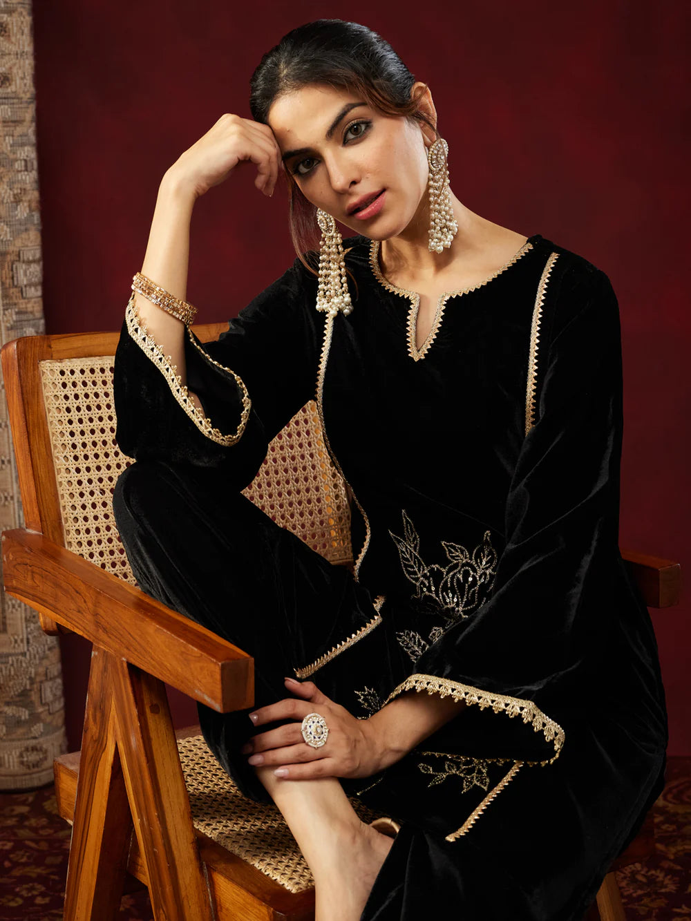 Women's Black Velvet Embroidered Straight Co-ord Set