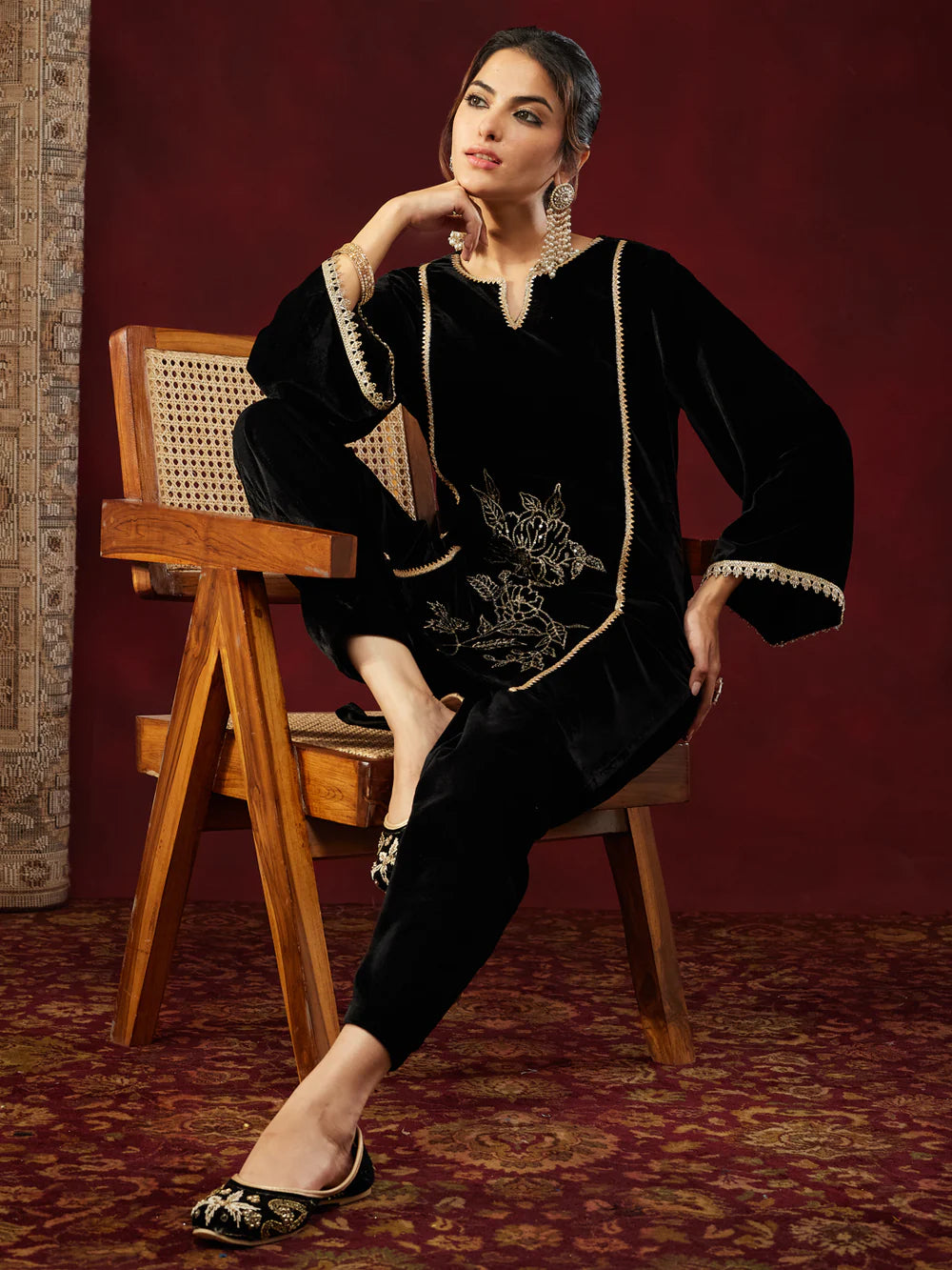 Women's Black Velvet Embroidered Straight Co-ord Set